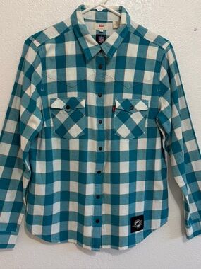Levi’s NFL Miami Dolphins Flannel Shirt Men’s L Teal Plaid Button Down Rare